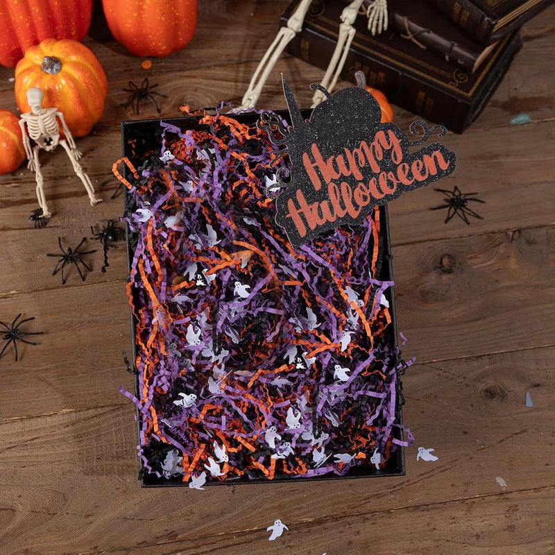 Jocomoni 12.3oz Halloween Crinkle Cut Paper Sherd Filler Black Orange Purple Crinkle Cut Paper with Ghost Confetti for Halloween Party Supply - Image 4